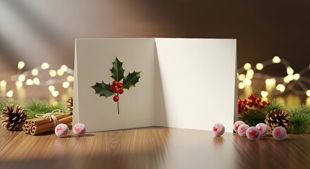 Blank Christmas greeting card with a holly illustration, set on a wooden table with festive lights and decorations.