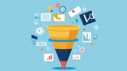 Marketing funnel concept with data analysis and conversion on blue background