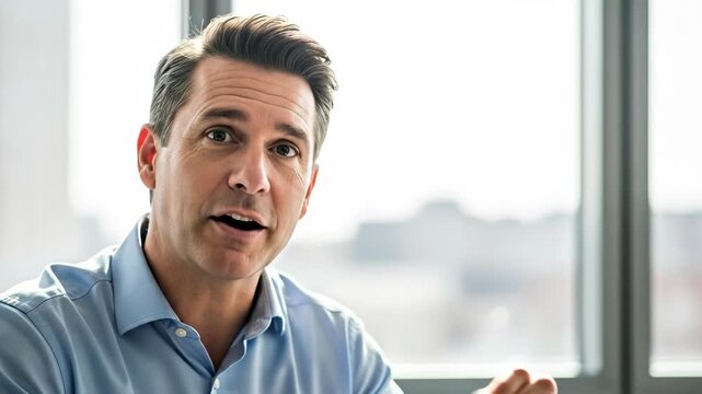 A professional man in a business attire engages in conversation, showcasing confidence and communication skills in an office environment with large windows.