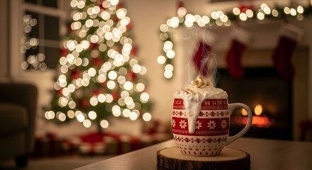 A festive mug of steaming hot chocolate with whipped cream sits on a wooden coaster in front of a glowing Christmas tree.