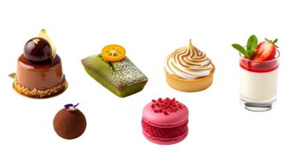 Set of delicious cakes. Small sweet cakes isolated on white background. Bakery products, banner design, Various tasty sweet dessert collection isolated on background