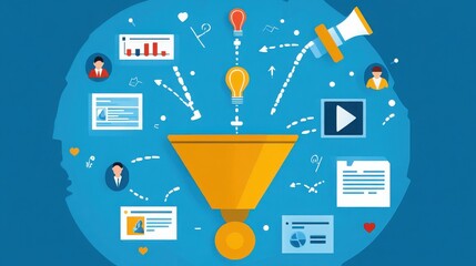 Sales funnel concept with marketing and data analysis on blue background