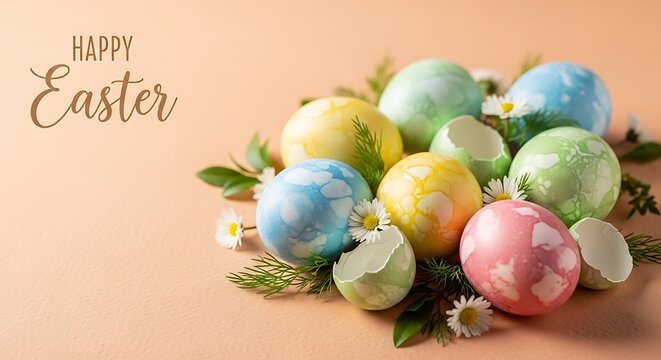 A cluster of colorful decorated eggs, some cracked, nestled amongst small white flowers and green foliage on a light peach surface. "Happy Easter" text is at the left