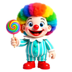 Cartoon clown with rainbow afro and striped costume holding a swirl lollipop, 3D character render, isolated on transparent background
