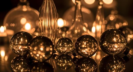 Golden spherical ornaments and glassware reflecting warm candlelight on a mirrored surface.
