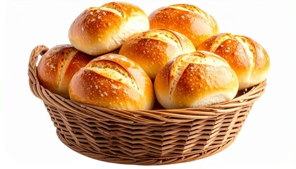 Golden Brown Bread Rolls with Cross Scoring in Wicker Basket on White Background Symbolizing Artisan Baking Rustic Comfort and Culinary Craftsmanship for Editorial and Lifestyle Use