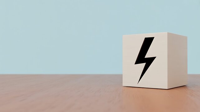 Conceptual representation of electrical power and creative energy with a lightning bolt symbol on a minimalist cube
