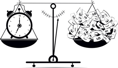 Scales. Time. Money. Business concept illustration.
Scales, time is money. Scales with paper currency and clock. Flat illustration. Time is money. Business, success concept.
