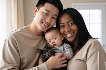 Happy diverse family, with an Asian father and Black mother, holding their baby and pet cat at home. Concept of a modern, multicultural family, love, and domestic life with a newborn