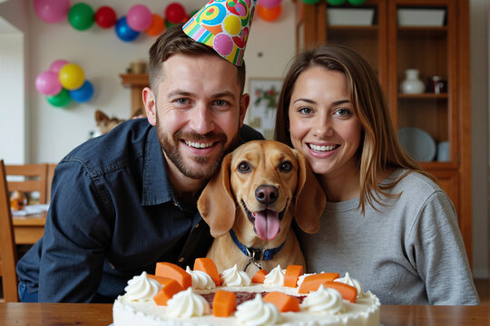 Happy couple celebrating their dog's birthday with a cake and party hats at home. Concept of treating pets like family, fun, and a loving, humorous celebration - Powered by Adobe