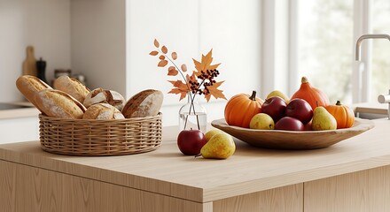 Fresh bread and autumn harvest fruits displayed on a wooden kitchen island in a bright modern kitchen
