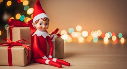A festive Christmas elf doll sits among wrapped gift boxes with a background of sparkling holiday lights.