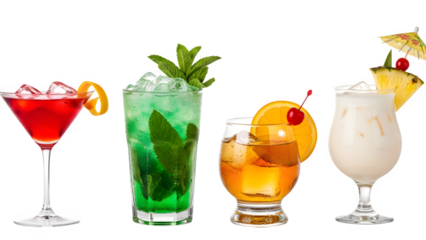 a set of cocktails: gin tonic, blue lagoon, tequila sunrise, iced irish coffee, pina colada, mai tai, cocktail with rum, whiskey, mojito, bar menu drinks, cocktails isolated PNG	