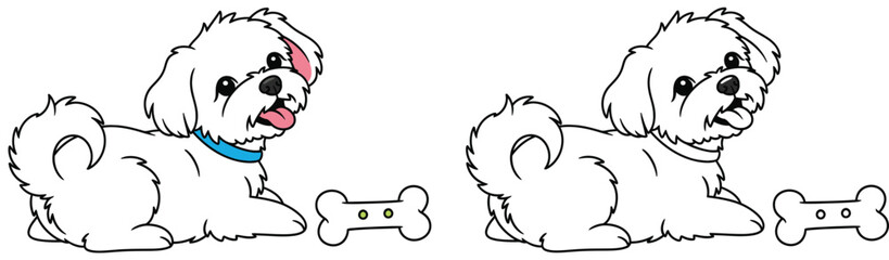 Cute Cartoon White Fluffy Dog Vector Illustration Lying Down with Bone. Adorable Maltese Puppy Pet Mascot Graphic Resource