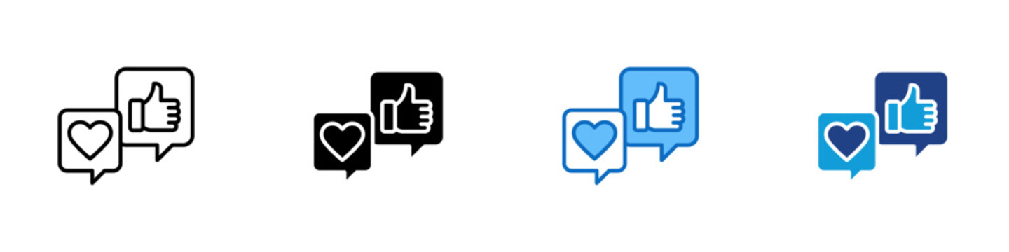 Social Feedback Multiple Style Icon Design Vector - Speech bubbles with heart and thumbs up icons showing online reactions, feedback, and engagement