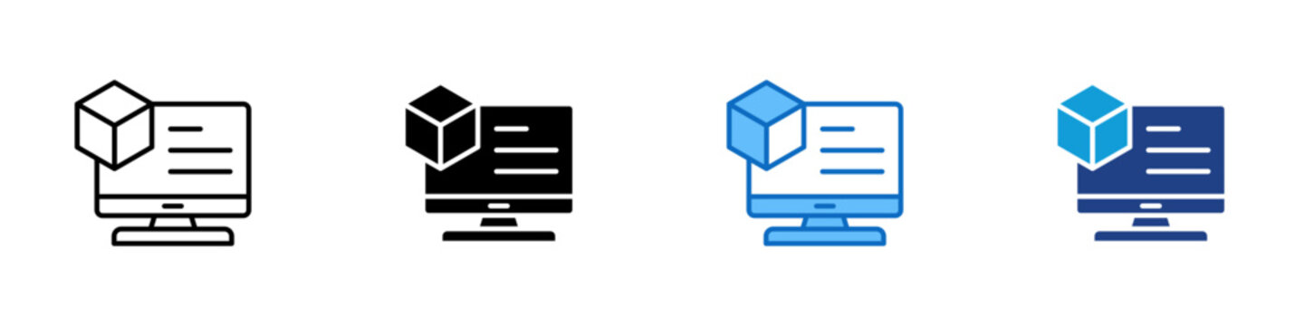 3D Modeling Multiple Style Icon Design Vector - Computer screen with a 3D cube symbolizing digital modeling, virtual visualization, and creative rendering
