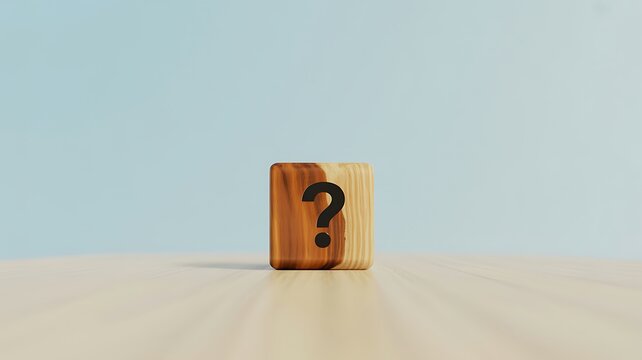Abstract view of a wooden cube with a question mark on it, conceptual and representing uncertainty and unknown concepts