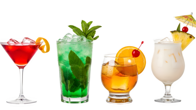 a set of cocktails: gin tonic, blue lagoon, tequila sunrise, iced irish coffee, pina colada, mai tai, cocktail with rum, whiskey, mojito, bar menu drinks, cocktails isolated PNG - Powered by Adobe