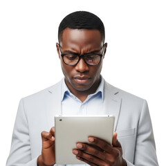 Focused african american man wearing glasses and a blazer concentrates intently on a digital tablet device isolated on transparent background