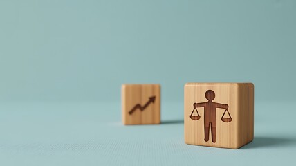 Fototapeta premium Symbolic Justice Balancing Act of Equity and Growth Depicted in Minimalist Wooden Blocks on Teal