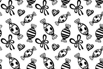 Seamless pattern of sweet wrapped candies. Hand drawn doodle illustration of lollipops.