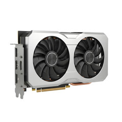 Silver and black dual-fan graphics processing unit (GPU), high-fidelity product render, isolated on transparent background