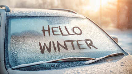 Hello, Winter on the windshield of a snow-covered car. Concept for seasonal tire service and winter car maintenance.