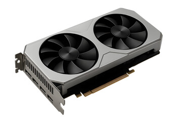 Modern dual-fan computer graphics card in silver housing, clean product rendering, isolated on transparent background