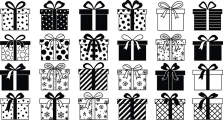 Gift box silhouette vector illustration, festive holiday artwork, seasonal decoration design, Christmas present graphic, ribbon bow pattern, cad drawing flat vector illustration