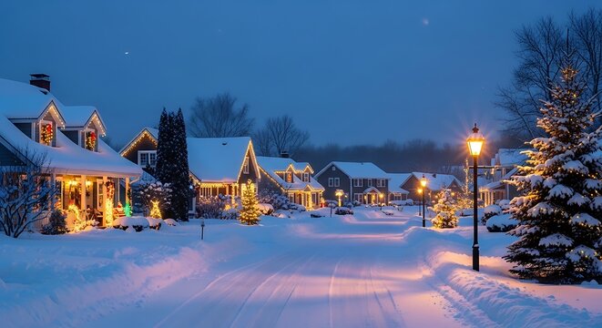Cozy suburban street glows with festive holiday lights on a magical winter evening