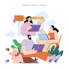 Family Collaboration in Remote Work Vector Illustration