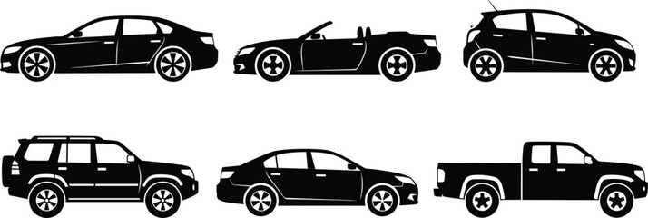 Car silhouette set, sedan, convertible, SUV, hatchback, pickup truck, black vehicle icons, automotive vector illustration, transport graphic, isolated design © MD. NUR ISLAM
