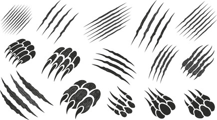Claw mark silhouettes, wild animal scratches, horror slashes, paw print graphics, aggressive textures, beast tracks, spooky design, vector illustration, abstract elements