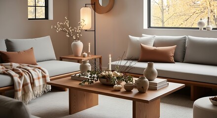 Serene living room interior with minimalist decor and soft lighting creating a cozy autumn atmosphere