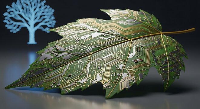 A creative blend of technology and nature. A circuit board shaped like a leaf, placed with a blue, silhouetted tree on a dark background