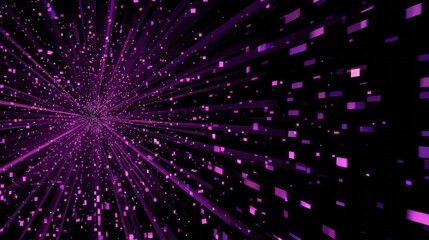 Brilliant purple digital particles streak outward from a central vanishing point in deep space