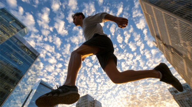 A strong individual leaps between urban buildings, showcasing impressive athleticism. The cloudy sky adds a dramatic backdrop, highlighting the adventure of city life