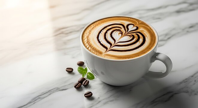 A cup of coffee with latte art in a heart shape, placed on a marble surface, next to coffee beans and green leaves - Powered by Adobe