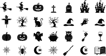 Halloween silhouettes, spooky icons, haunted elements, witch symbols, scary decorations, vector set, black shapes, holiday design, eerie theme, October graphics