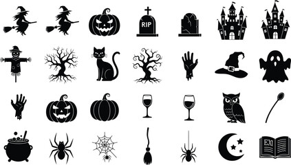 Halloween silhouettes, spooky icons, haunted elements, witch, ghost, pumpkin, tombstone, spider, tree, cat, cauldron, castle, moon, vector illustration