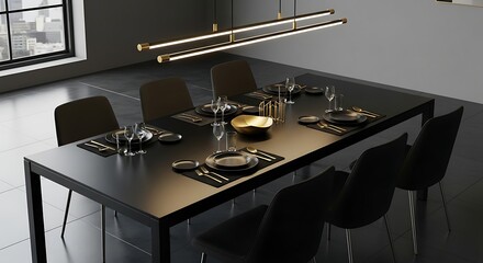 Modern dining table set with black plates gold cutlery and elegant lighting in a minimalist setting