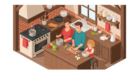 Fototapeta premium Family cooking together in cozy rustic kitchen scene with parents and child