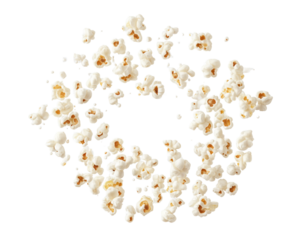 Burst of Flying Popcorn Kernels in Mid-Air, Isolated on Transparent Background