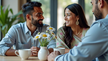 Friendly conversation over coffee in cozy café setting with fresh flowers and copy space