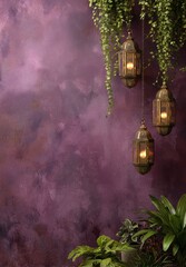 Three decorative hanging lanterns, crafted from intricate metalwork, hang against a textured purple wall, accented by lush green foliage.