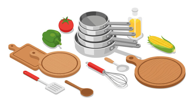 Isometric kitchenware set with vegetables and utensils in modern style