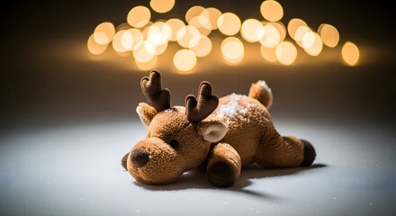 A soft plush reindeer toy rests on a white surface with warm, glowing bokeh lights in the background.