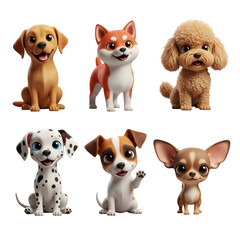 Grid of six different stylized cartoon puppies (Labrador, Shiba Inu, Poodle, Dalmatian, Jack Russell, Chihuahua), cute 3D character collection, isolated on transparent background