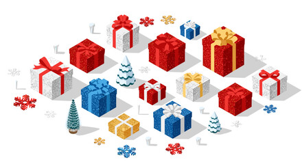 Isometric holiday gift boxes with snowflakes and pine trees