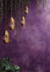 Hanging lanterns, adorned with intricate gold details, illuminate a textured, deep purple wall, draped with greenery.